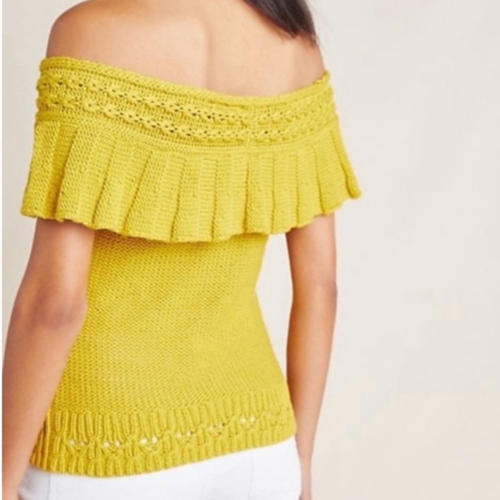 Anthropologie Yellow Off-Shoulder Ruffle Knit Top - Picture 2 of 8
